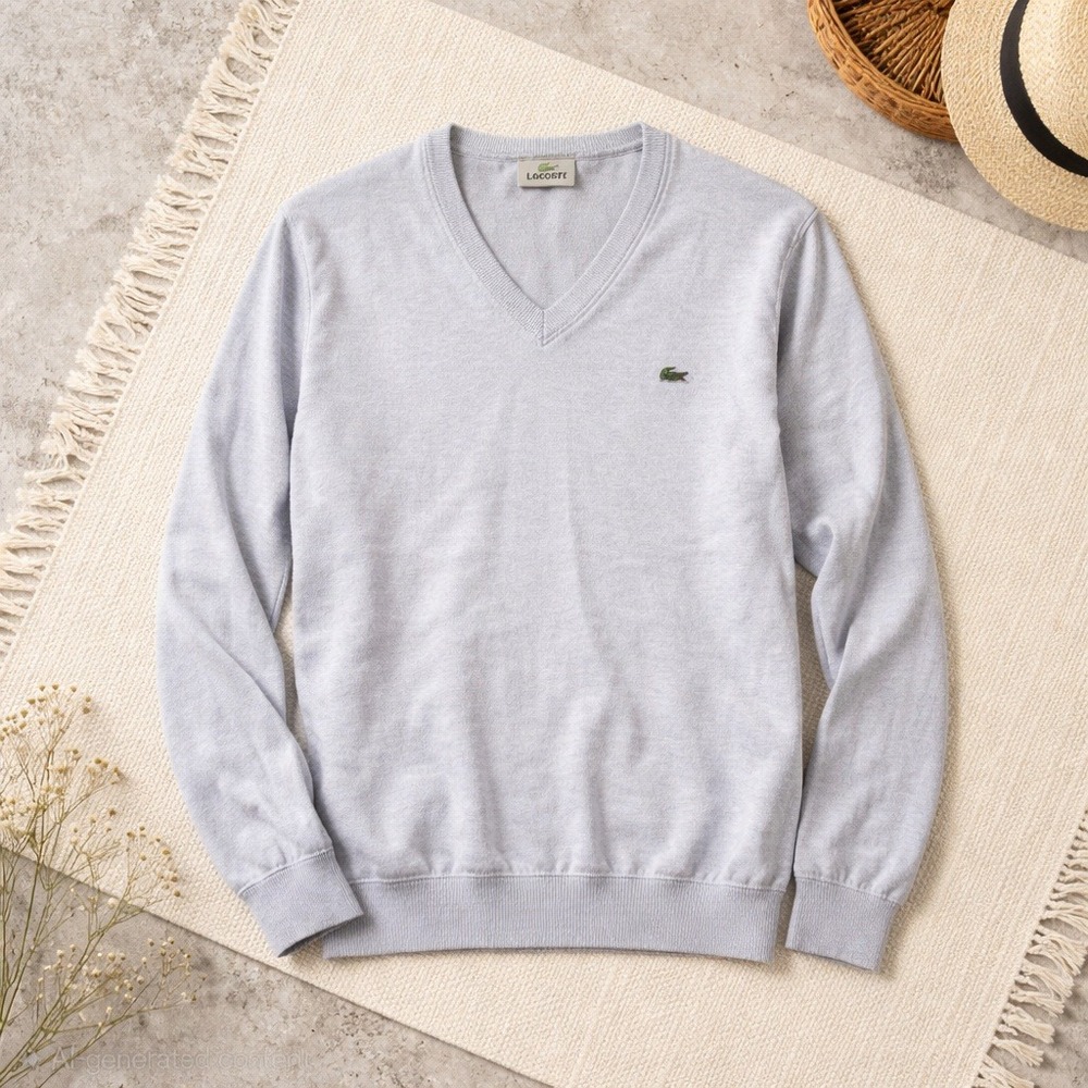 Lacoste Men's L V-Neck Y2K Sweater Classic‎ Fit Vintage Light Blue Cotton 6 Croc